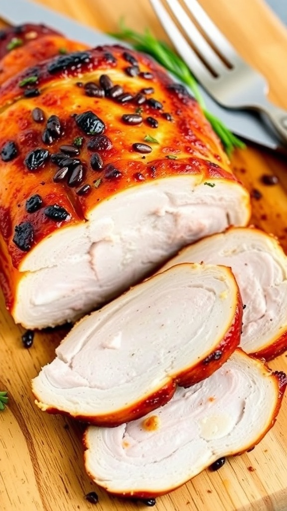 Sliced air fryer pork loin on a cutting board, garnished with herbs.